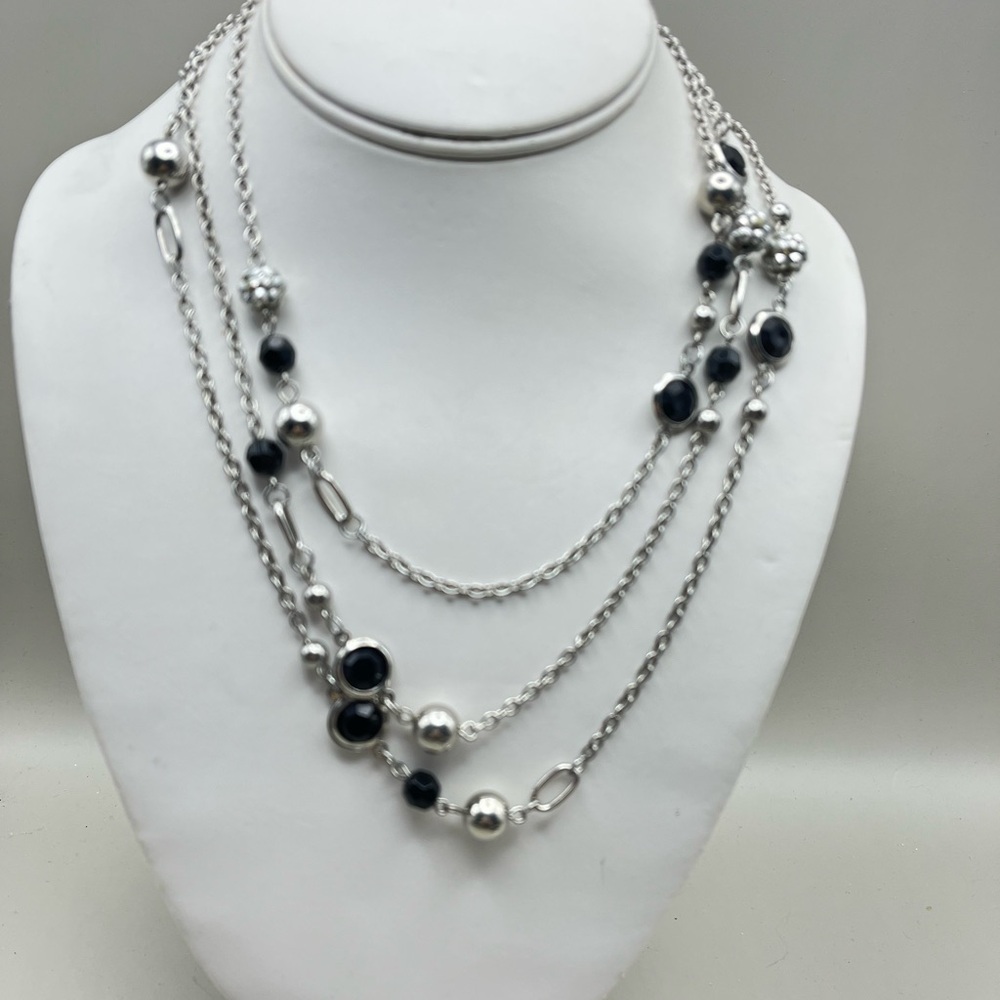 Elegant Long Silver and Black Strand Necklace